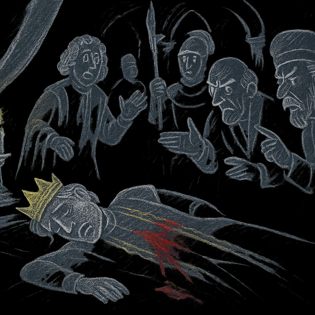 a drawing of a man being stabbed by a demon