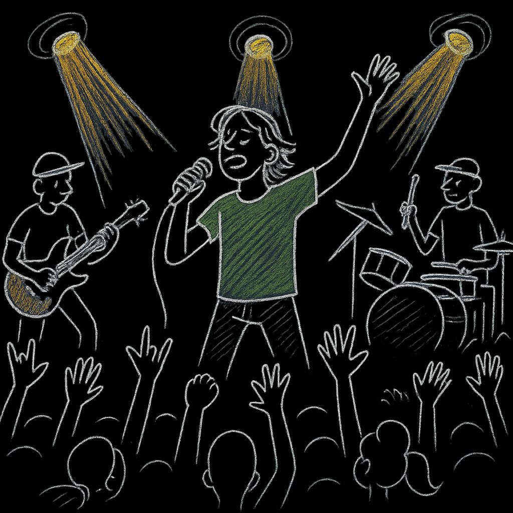 a drawing of a man singing into a microphone