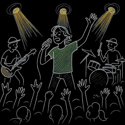 a drawing of a man singing into a microphone