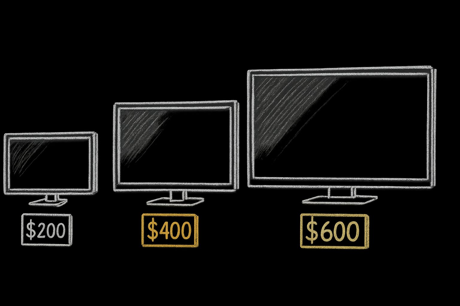 a drawing of three computer monitors with $ 600 each