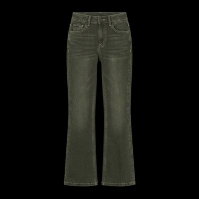 a pair of dark green jeans on a black background