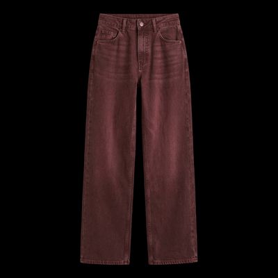 a pair of dark red jeans on a black background