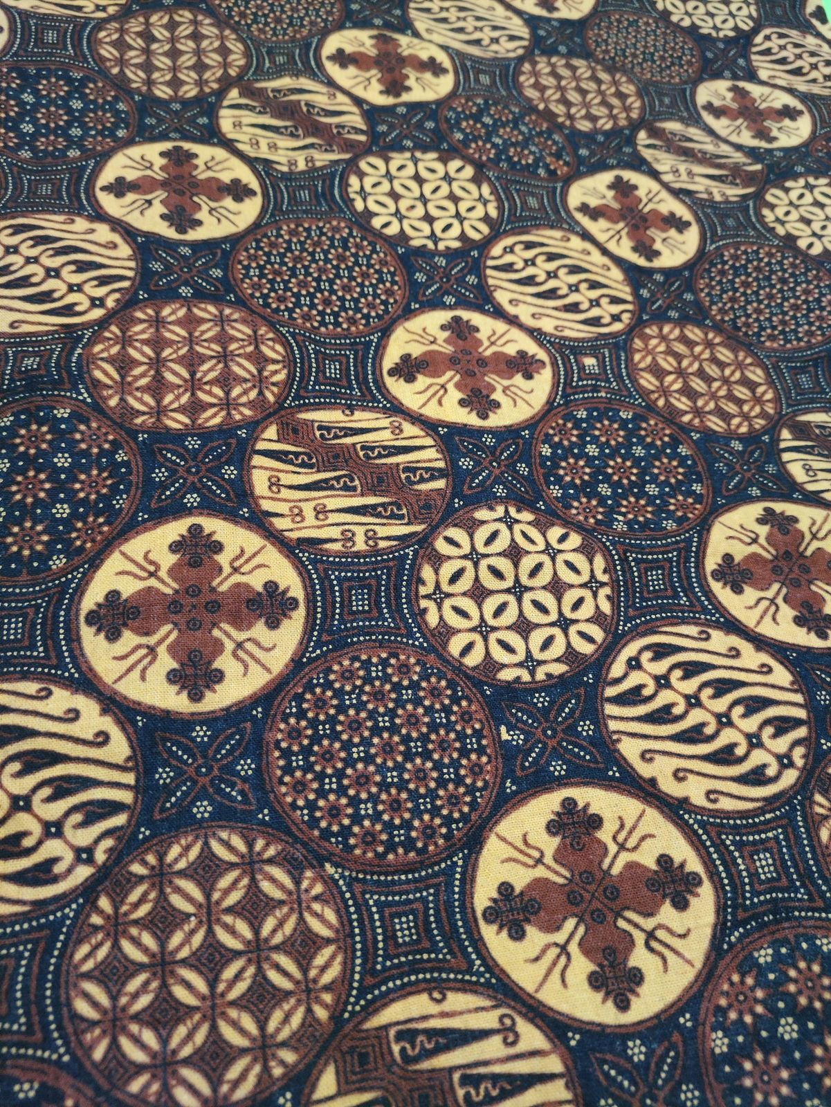 a close up of a cloth with circles and flowers on it