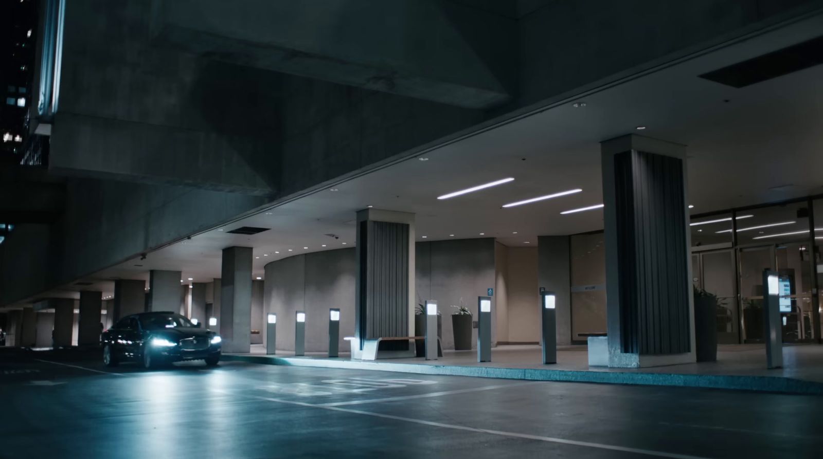 a car is parked in a parking garage