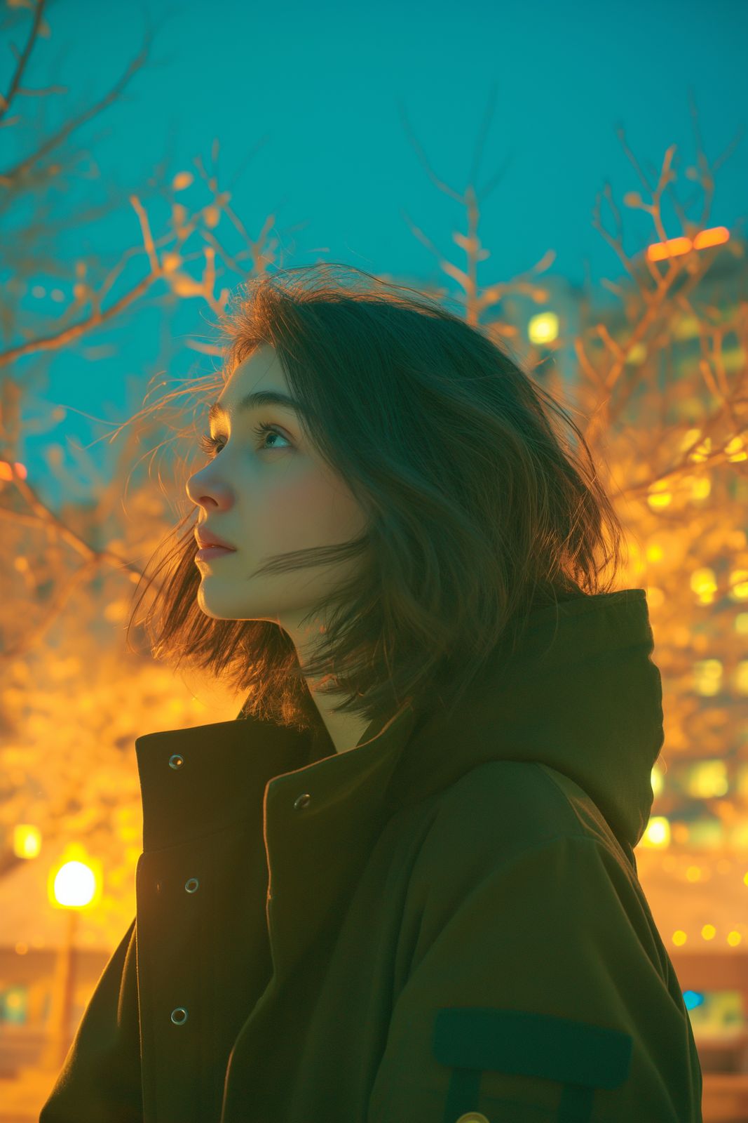 a woman standing in front of a tree at night