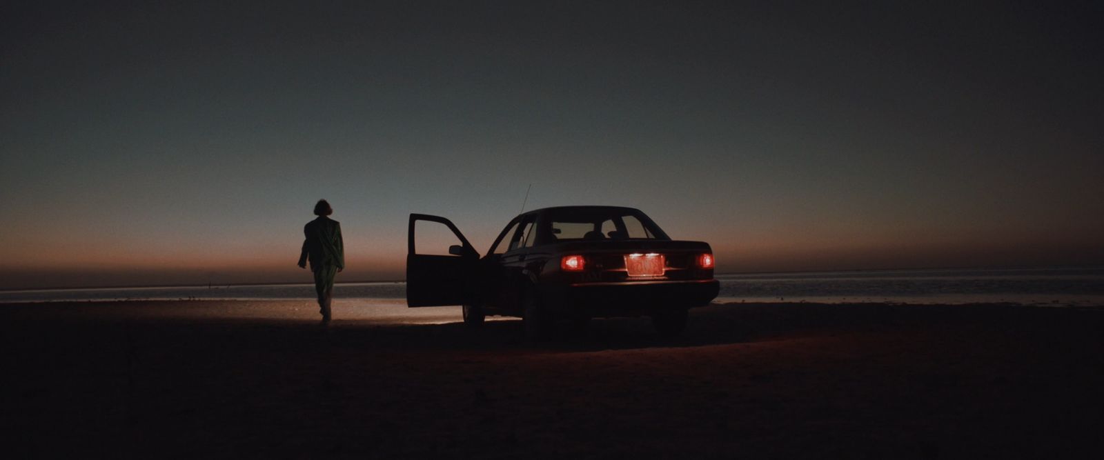 a person standing next to a car on a beach
