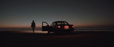 a person standing next to a car on a beach