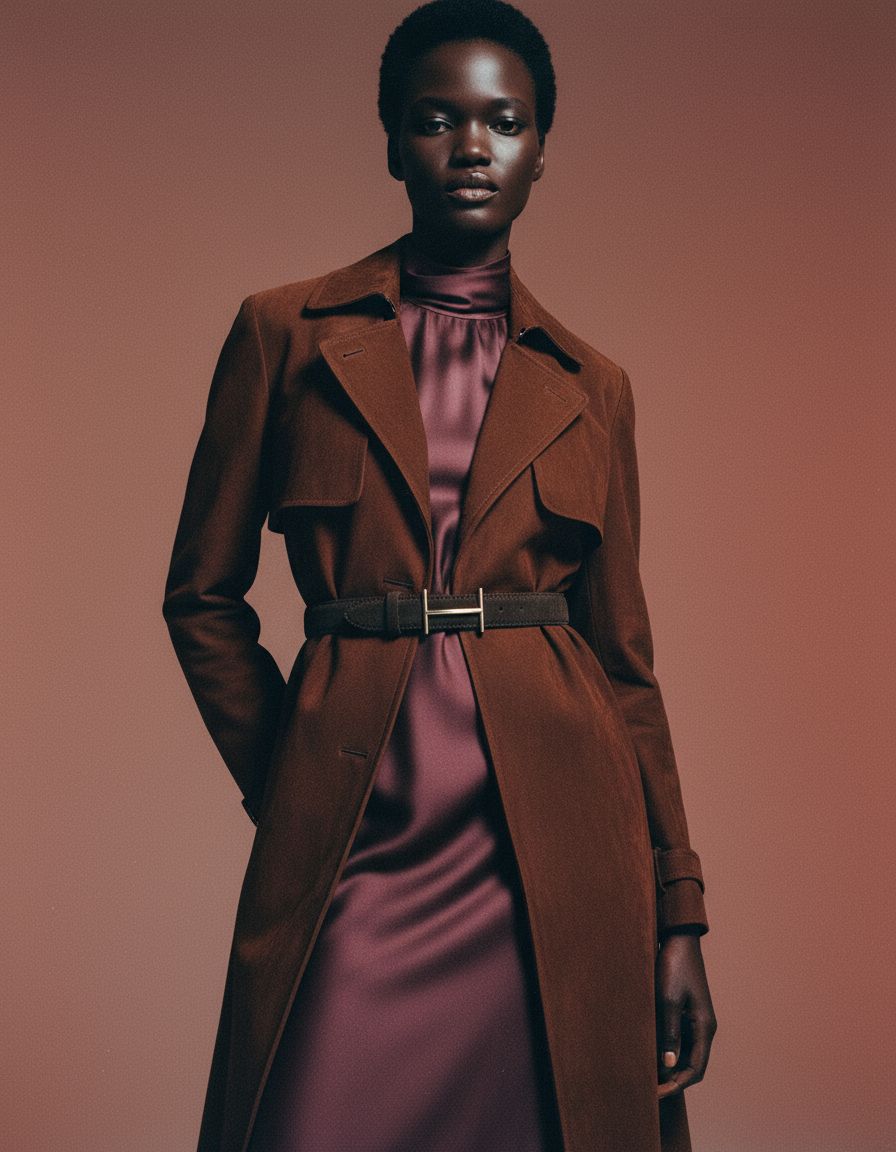 a woman in a brown coat and purple dress