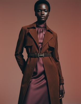 a woman in a brown coat and purple dress