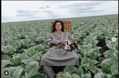 a woman sitting in a chair in a field with a dog
