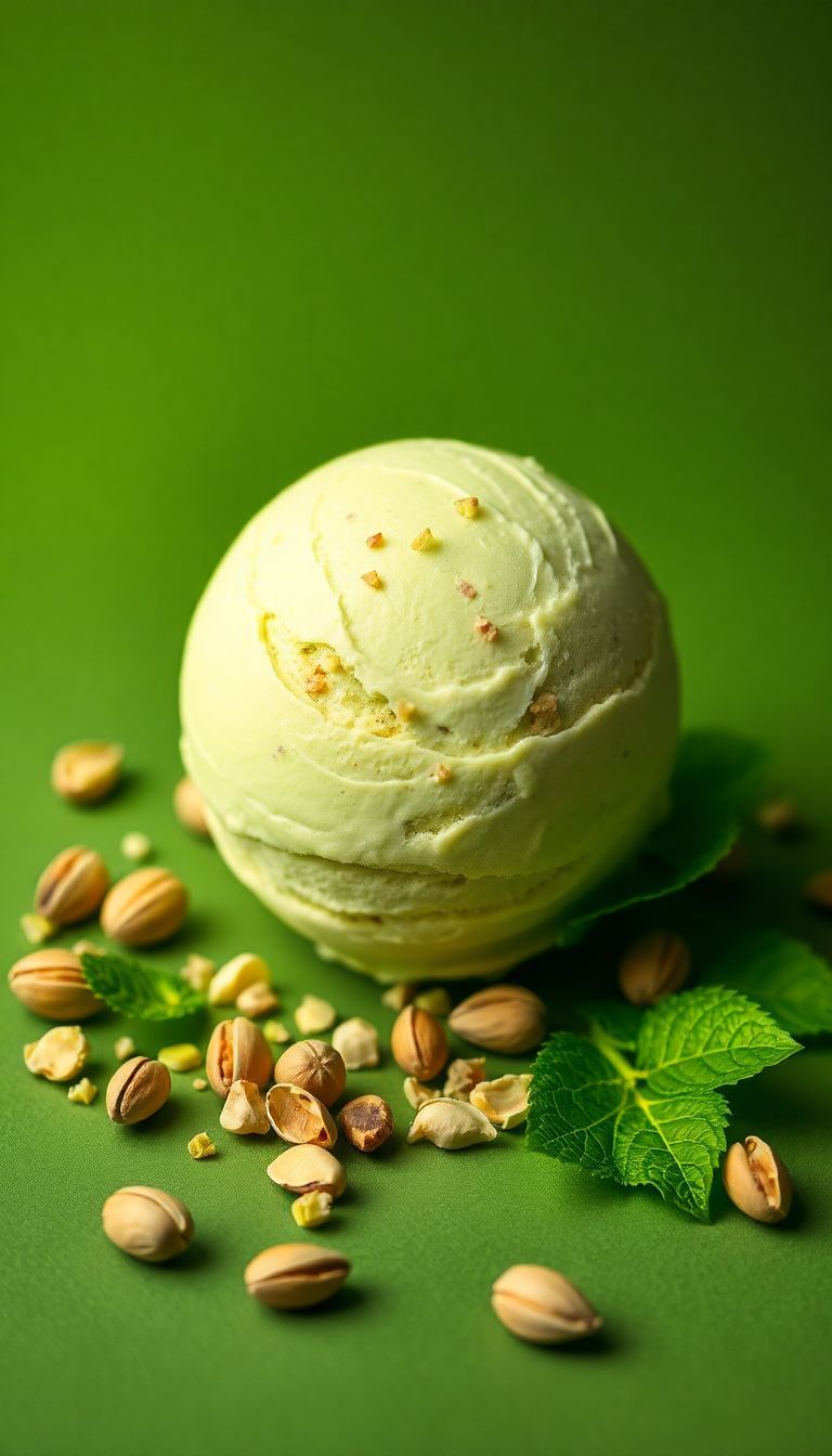 a scoop of ice cream sitting on top of a green surface