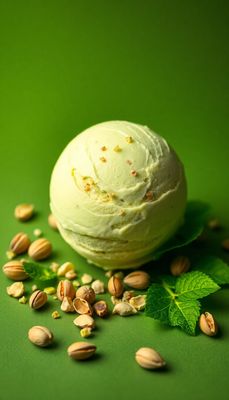 a scoop of ice cream sitting on top of a green surface