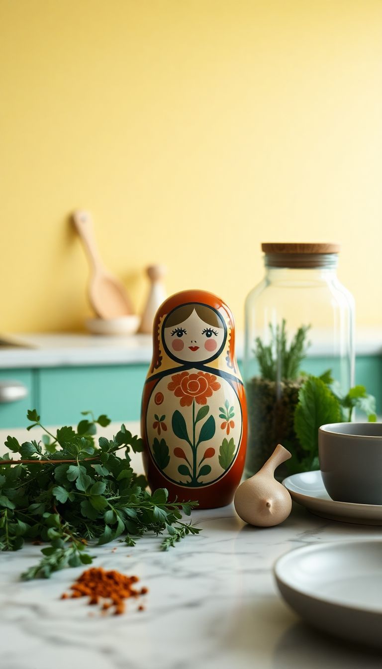 a wooden doll sitting on top of a counter next to a plate