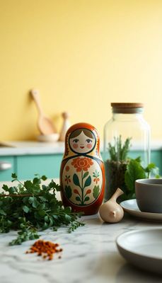 a wooden doll sitting on top of a counter next to a plate