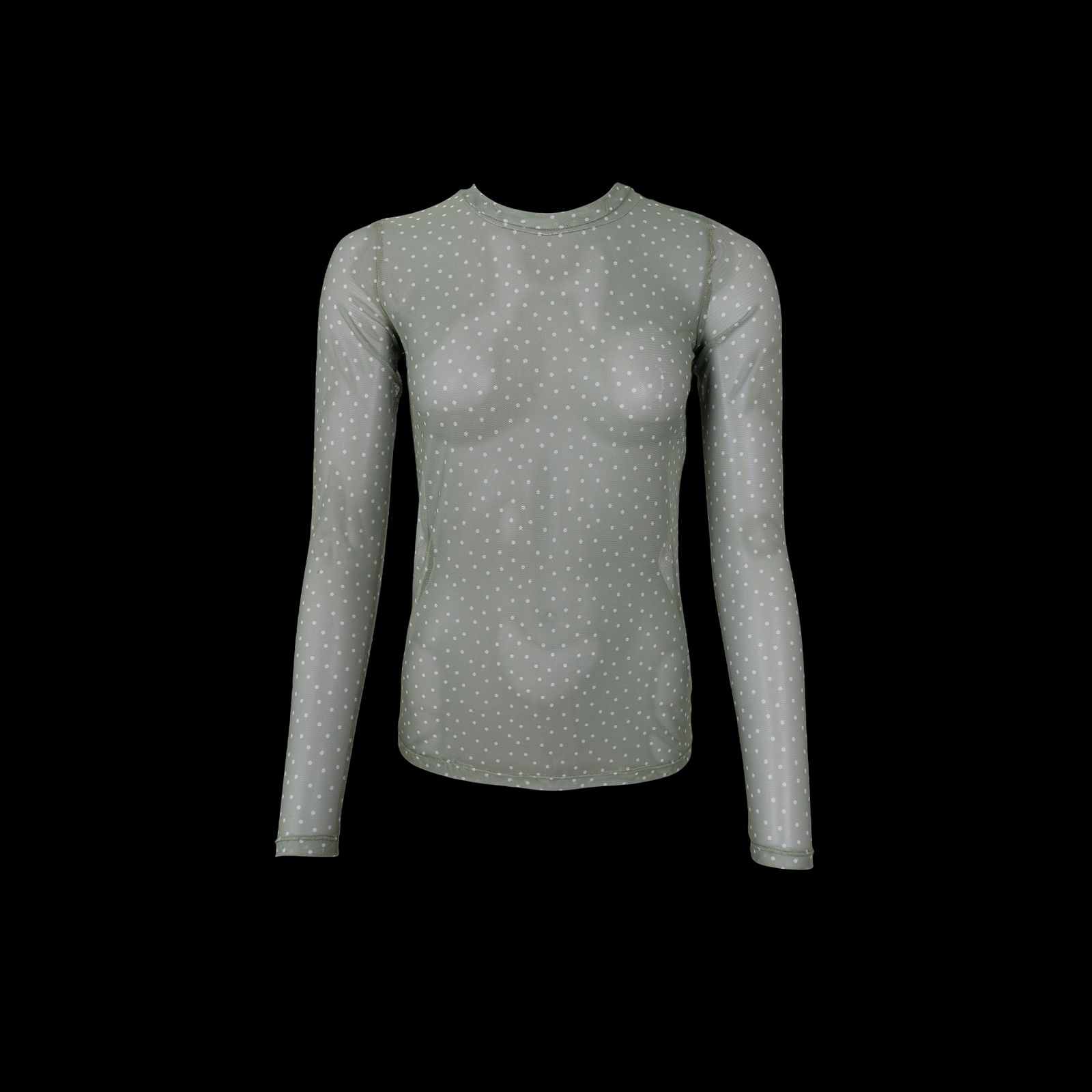 a women's long sleeved shirt with white polka dots
