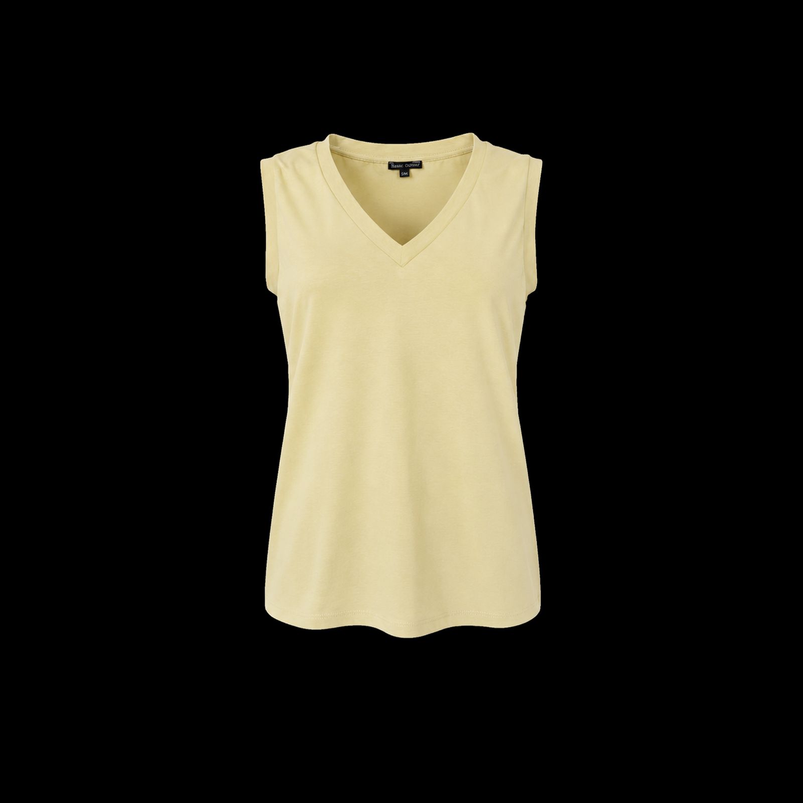 a women's yellow top on a black background