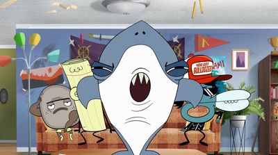 a cartoon of a shark in a living room