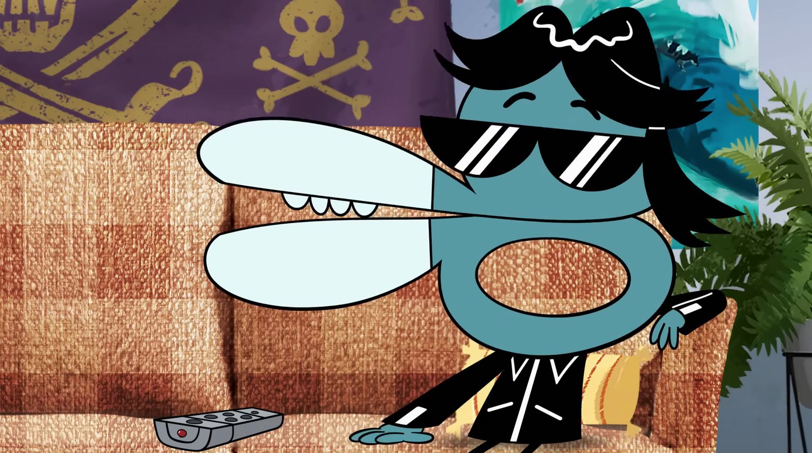 a cartoon character with sunglasses and a mustache