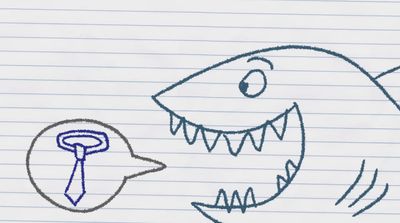 a drawing of a shark with a pen in it's mouth