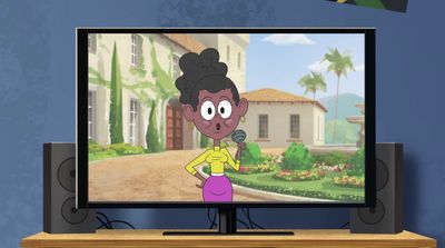 a cartoon of a woman standing in front of a tv