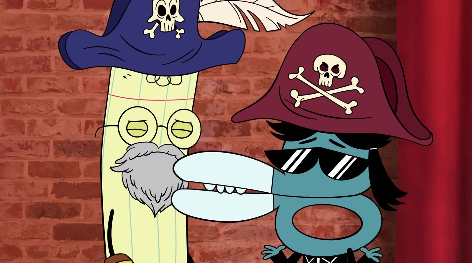 two cartoon characters wearing pirate hats and sunglasses