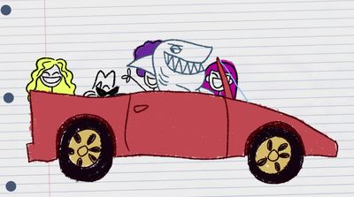 a drawing of a car with a shark in the back