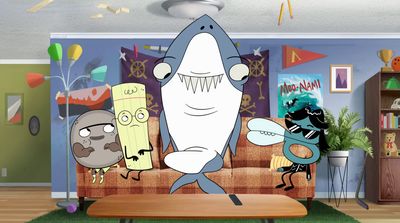 a living room with a cartoon shark on the couch