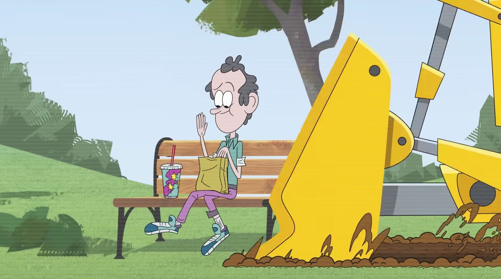 a cartoon character is running near a bench