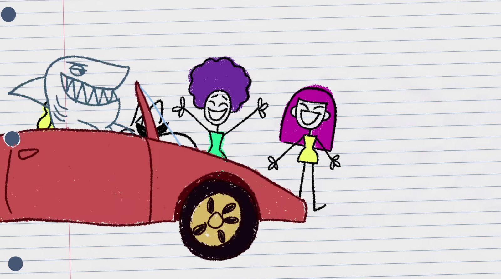 a drawing of a car with people in it