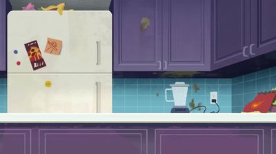 a kitchen with purple cabinets and a white refrigerator