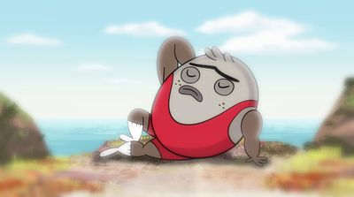 a cartoon character sitting on the ground in front of a body of water