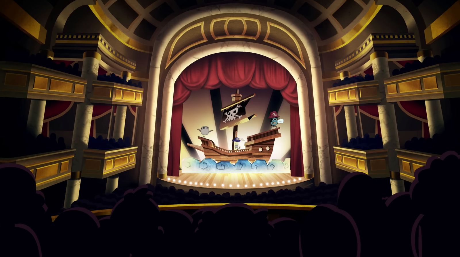 a stage with a pirate ship on it