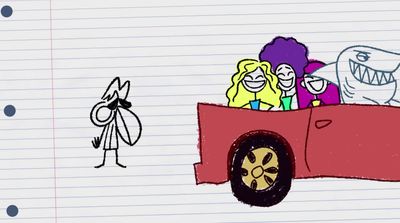 a drawing of three people in a red car