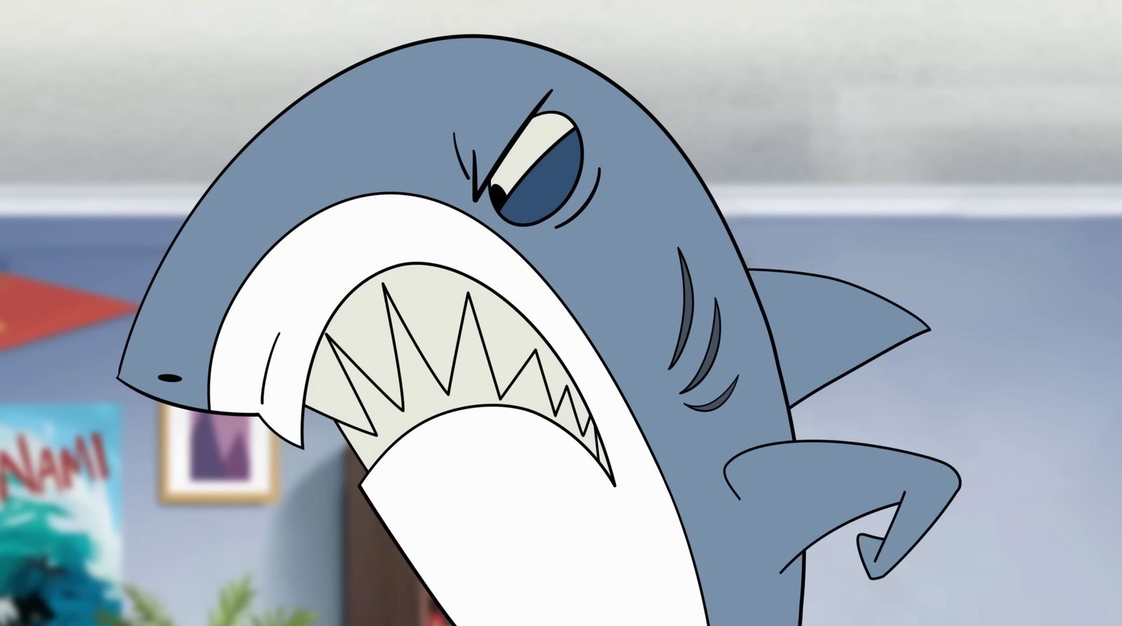 a cartoon picture of a shark with its mouth open