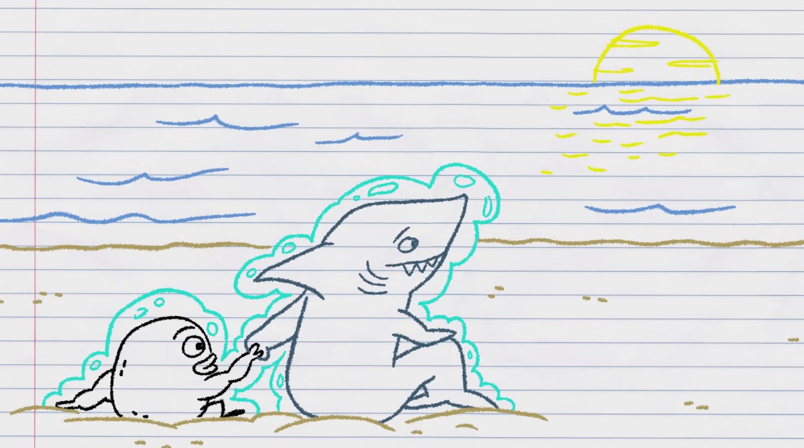 a drawing of a shark and a man on a beach