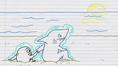 a drawing of a shark and a man on a beach