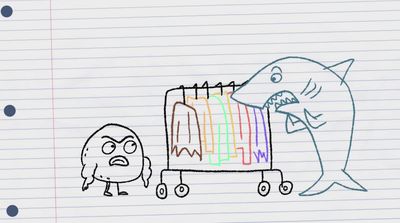 a drawing of a shark pulling a cart with a man on it