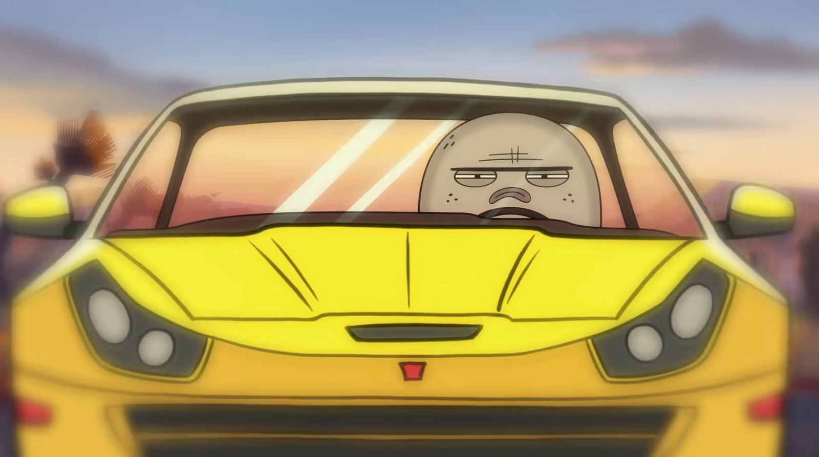 a yellow car with a cartoon character in the passenger seat