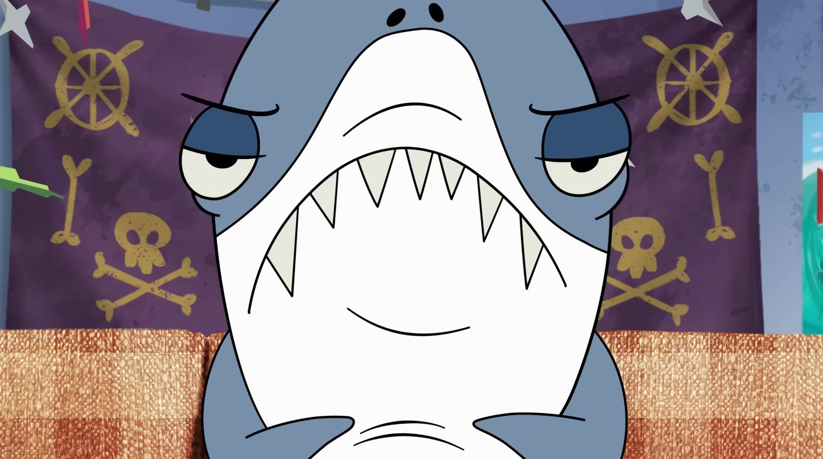 a cartoon shark with its mouth open and a pirate flag in the background