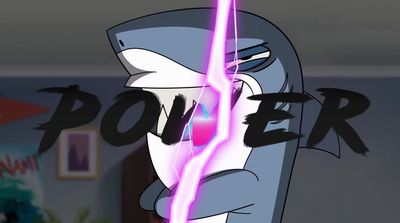 a cartoon character with a pink light coming out of his face