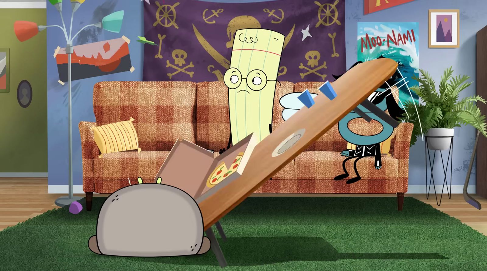 a cartoon picture of a living room with a couch and a surfboard