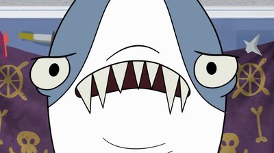 a cartoon shark with its mouth wide open