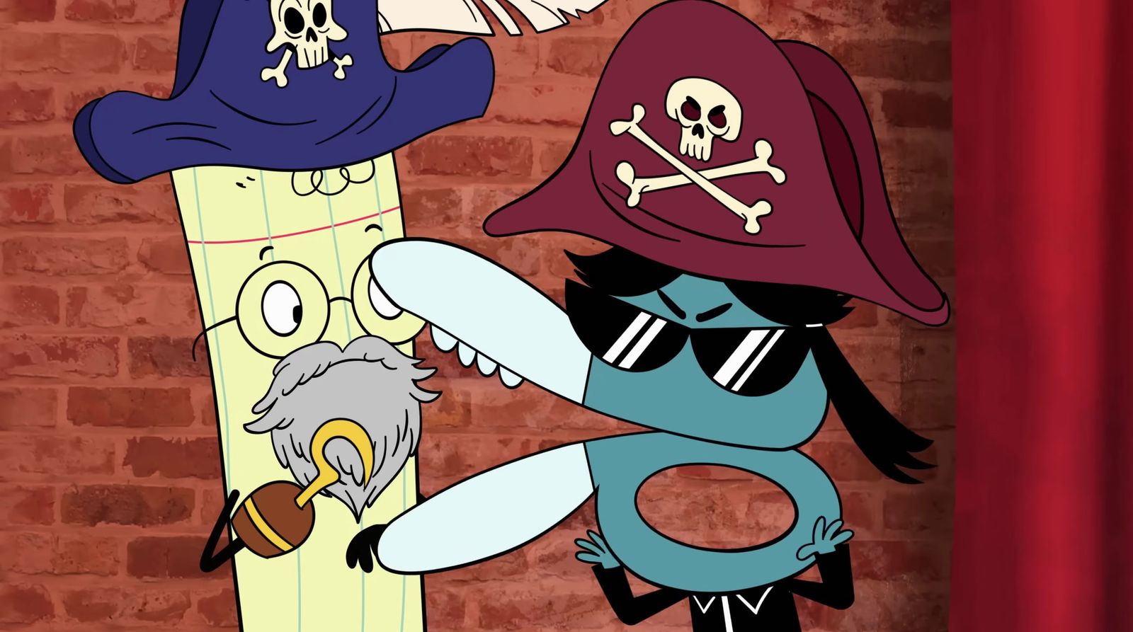 a cartoon of a pirate and a bird on a brick wall