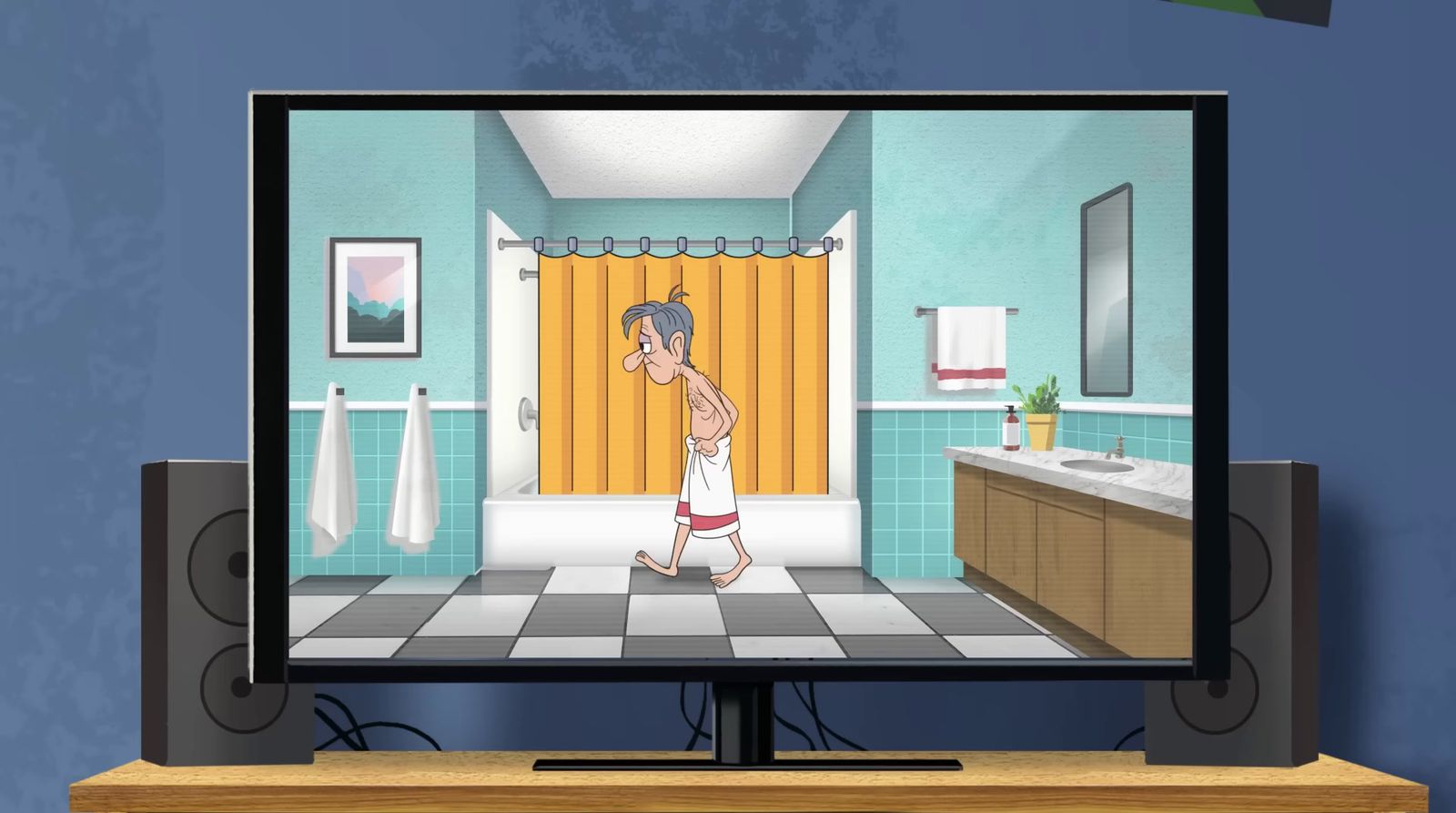 a cartoon of a man walking in a bathroom