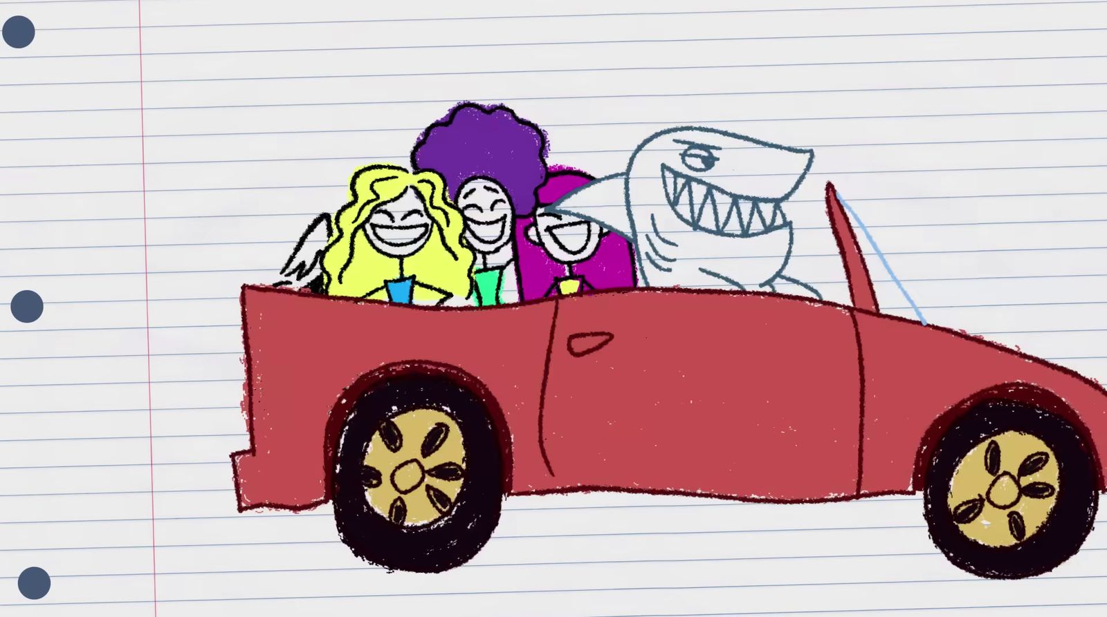 a drawing of two people in a red car