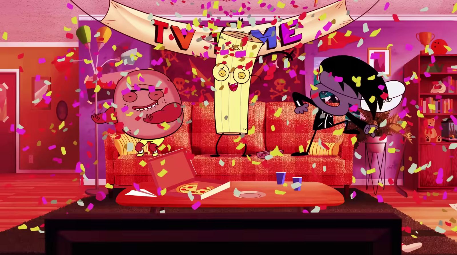 a living room filled with furniture and confetti