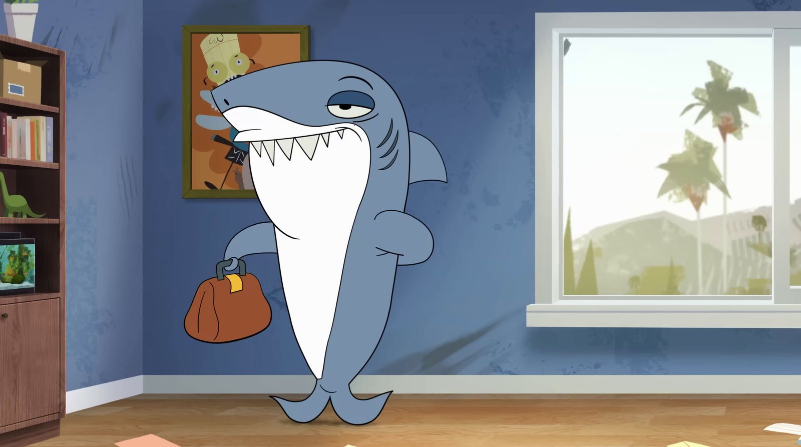 a cartoon shark holding a purse in a room