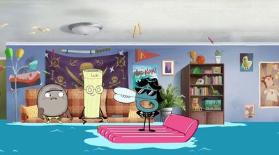 a living room filled with furniture and cartoon characters