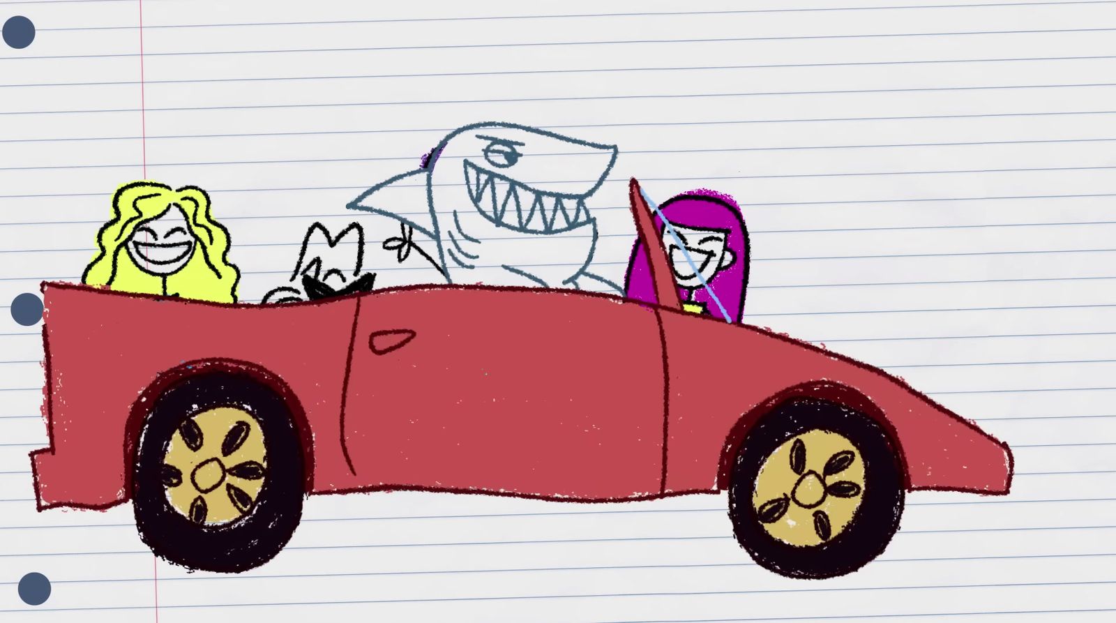 a drawing of a car with a shark in the back