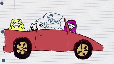 a drawing of a car with a shark in the back